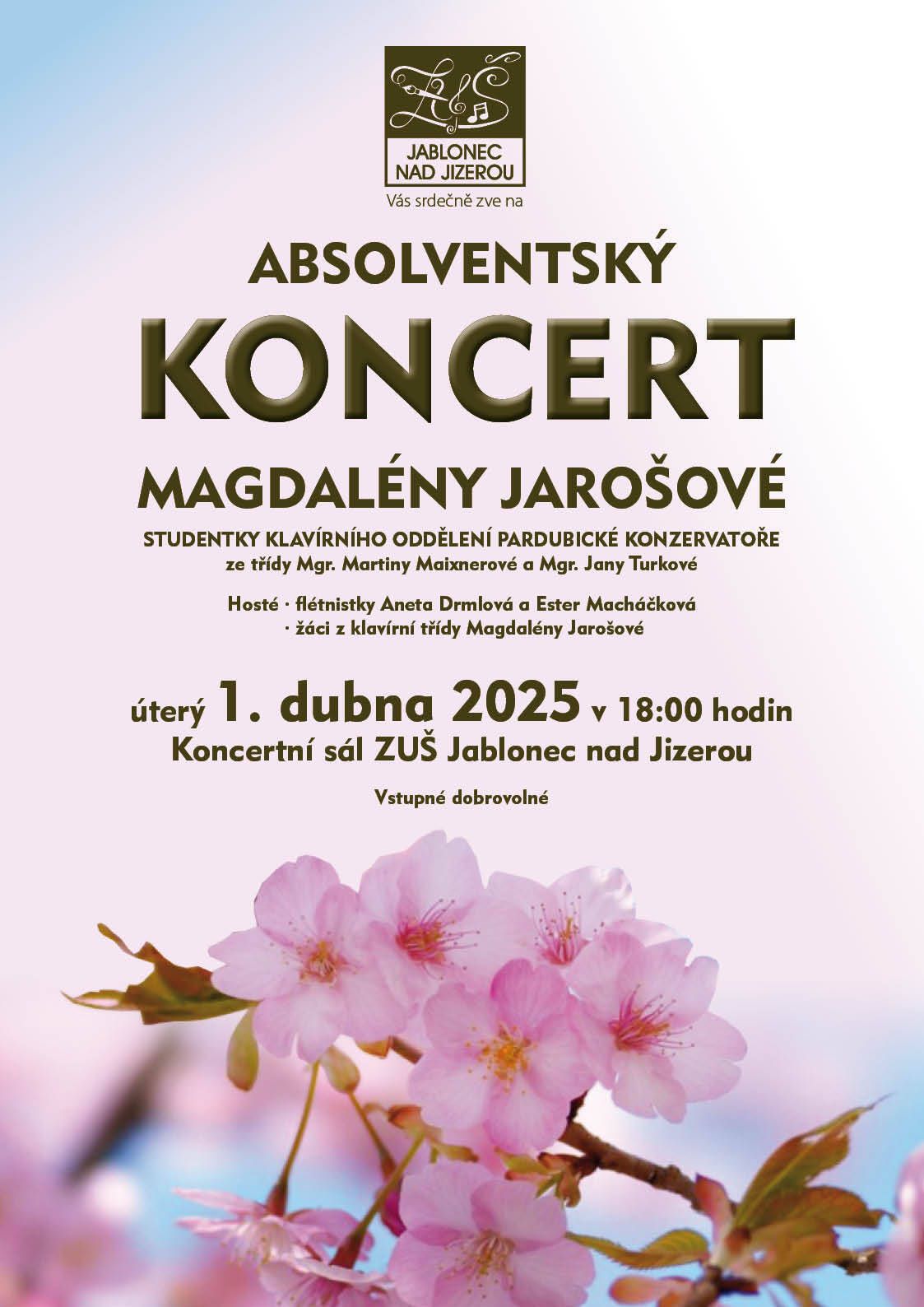 Pozvánka na absolventský koncert Magdalény Jarošové